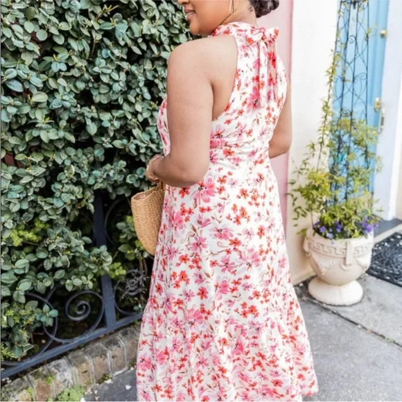 Pink Floral Halter Neck Maxi Dress- size Medium - Picture 2 of 10